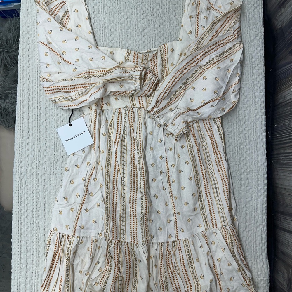 Painted Threads White Mini Dress with Gold Stripe Print